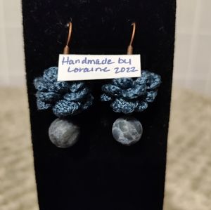 Handmade Blue Crochet Flower with Blue Bead Earrings, women's jewelry, fashion